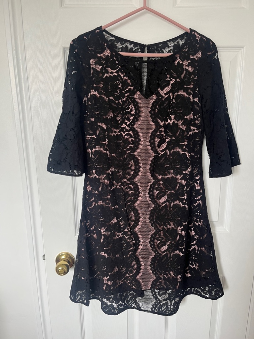Gabby Skye Black Lace Dress with Pink Lining